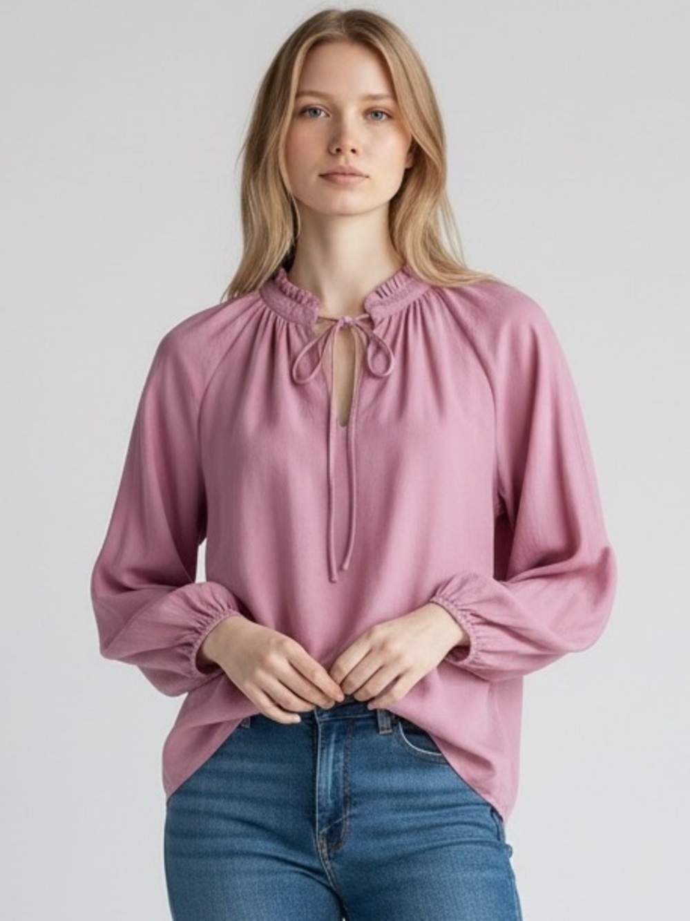 ICHI Karlani Blouse Pink XS Ruffle Tie Neck Cottagecore Soft Office Minimalist
